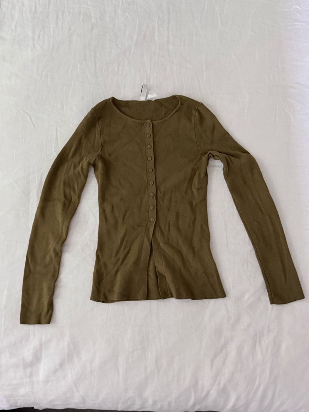H&M Olive Green Ribbed Long-Sleeve Button Front Top